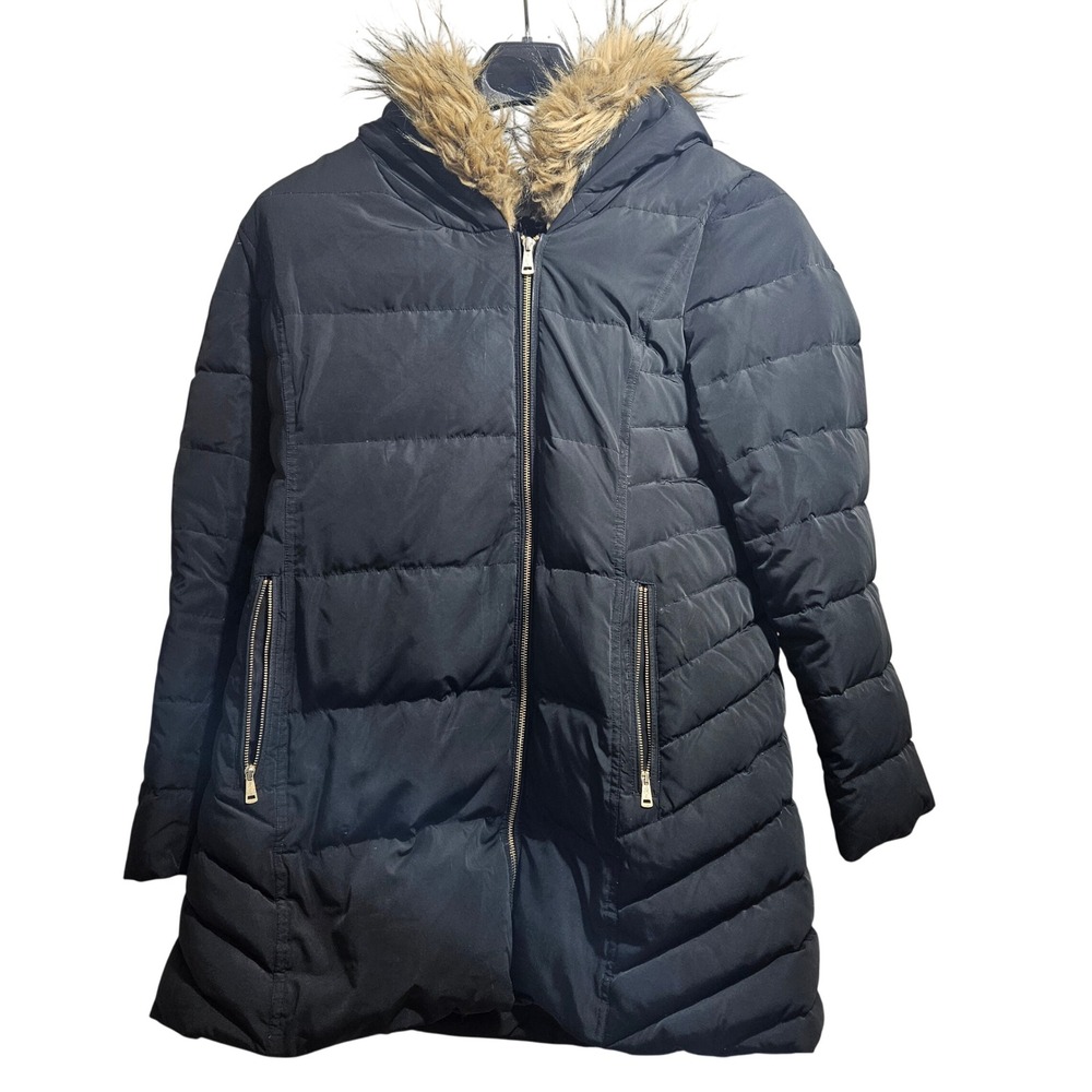 Cole Haan Puffer Coat Women XL Black Faux Fur Hood Down Fill Floral Lining